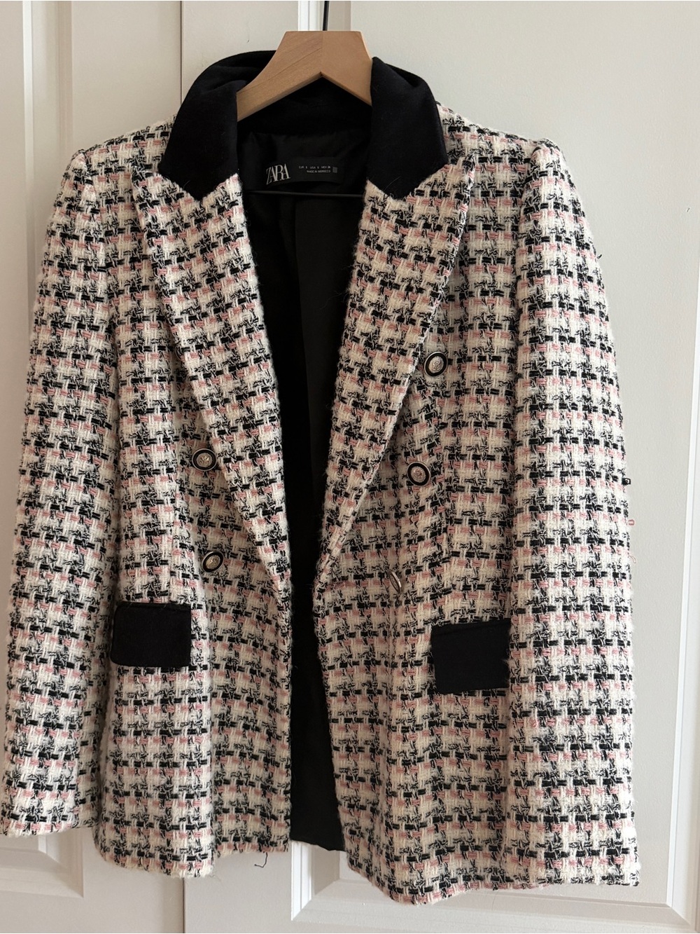 ZARA Pink, Black & White Tweed Double-Breasted Blazer